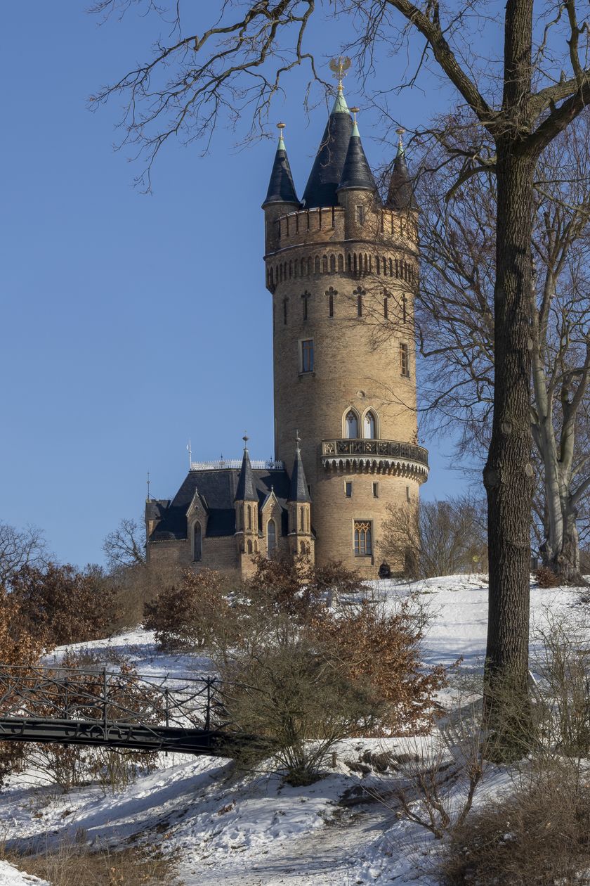 View of the Flatow Tower in Babelsberg Park during winter