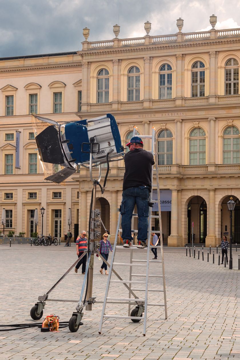 Film set at the Old Market in Potsdam with cameras and spotlights