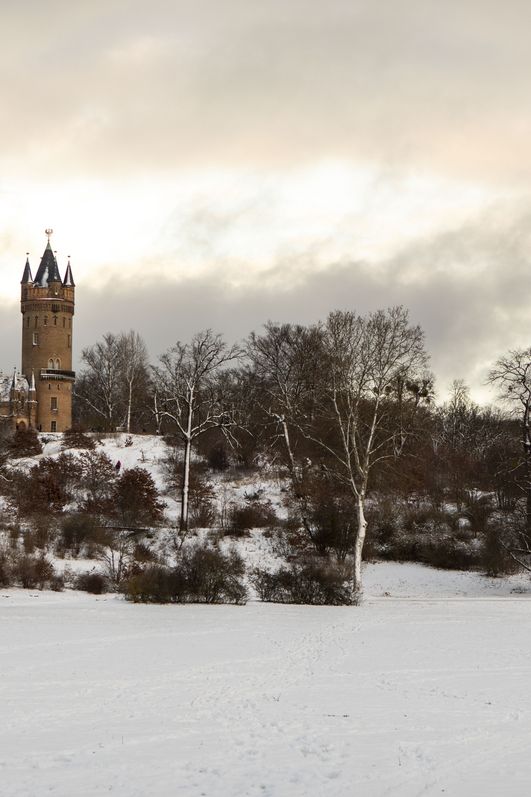 Blick über Schneelandschaft auf den Flatowturm im Park Babelsberg