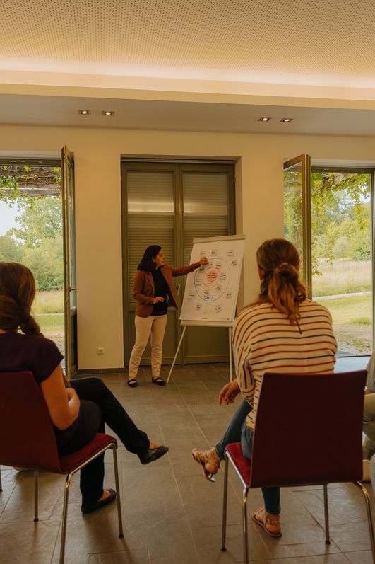 Workshop im Pfingstberghaus mit Vortrag am Flipchart und Blick ins Grüne
