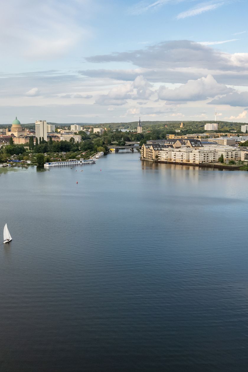 Aerial view of the Tiefen See lake with the city of Potsdam on the horizon