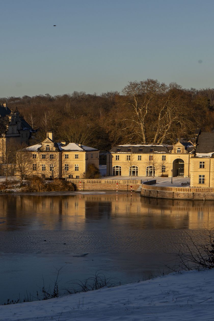 View from Babelsberg Park across the water to Glienicke Hunting Lodge in winter